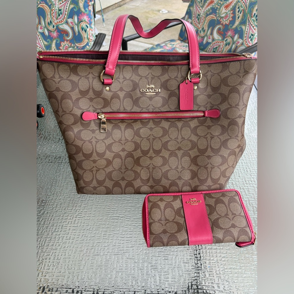 Coach Brown Signature Tote with Pink Trim and Matching Wallet